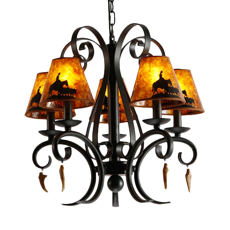 5 ampoules salle à manger lampe de plafond country métal métal noir de lustre noir avec une teinte en tissu cône