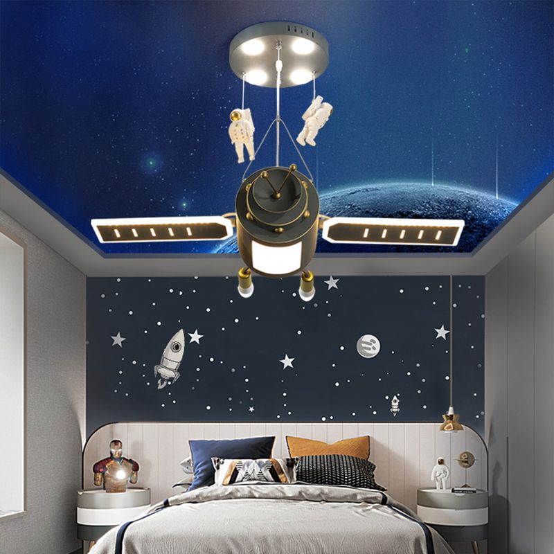 Grey Spacecraft LED Chandelier Cartoon Metal Hanging Pendant Light for Kids Bedroom