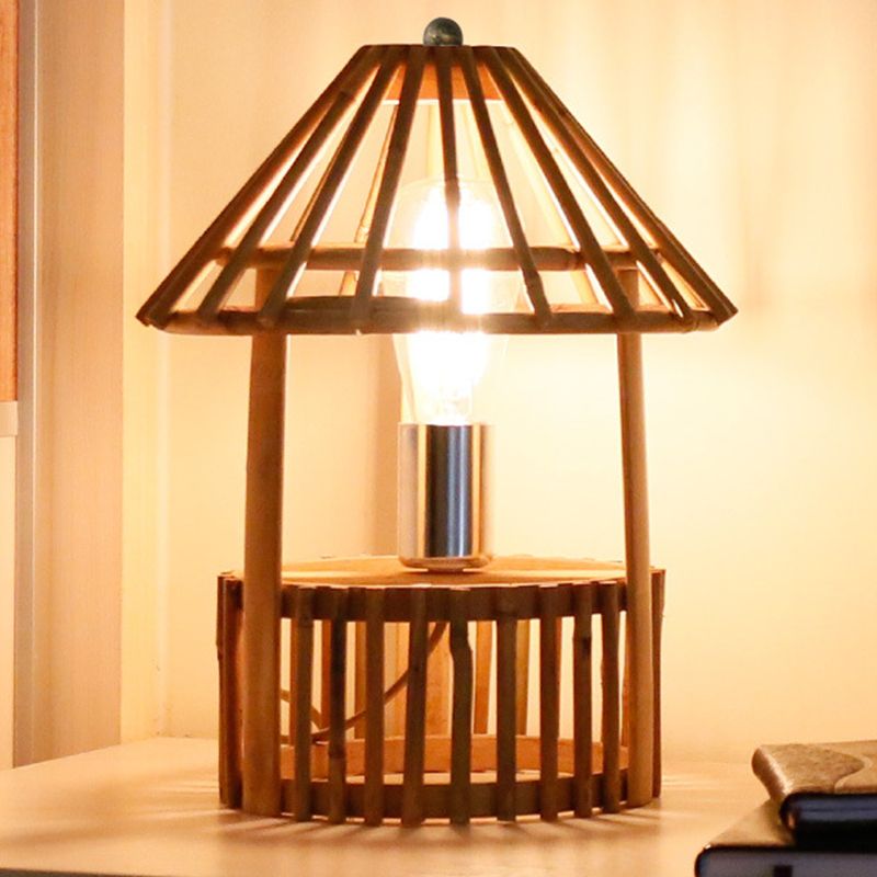 1 Kopf Wohnzimmer Task leuchten asiatische beige Schreibtischlampe mit handgefertigten Holzschatten