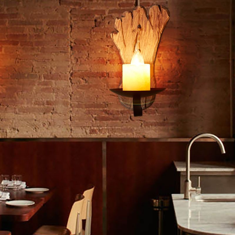 1 Light Wall Lamp Lighting Country Candle Marble Sconce Light Fixture in Black with Foot Print Wooden Backplate