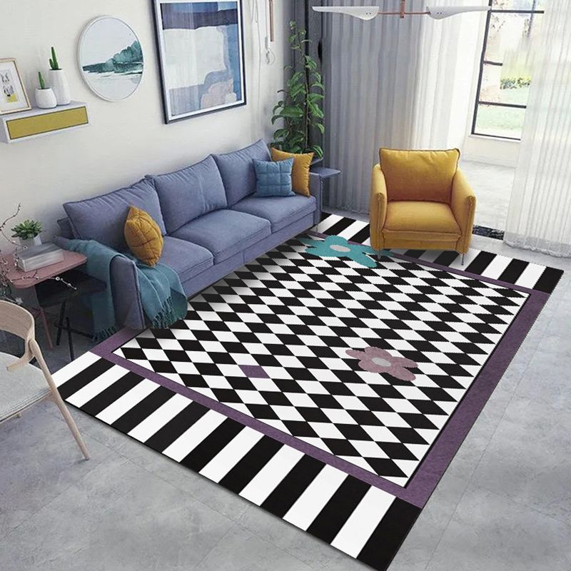 White Modern Rug Polyester Grid Pattern Rug Washable Rug for Home Decor