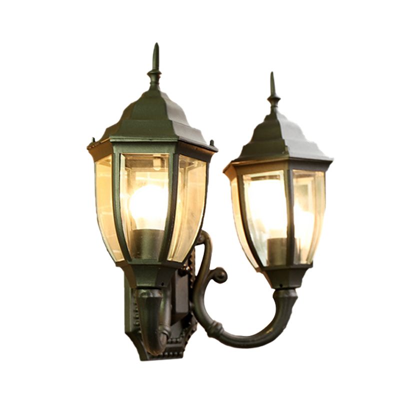 Brass/Black 2 Bulbs Wall Mounted Lighting Farmhouse Clear Glass Acorn Sconce Lamp with Curved Arm