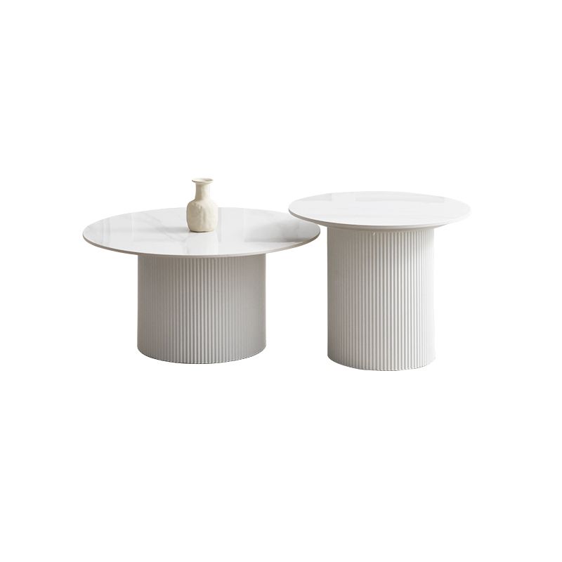 Slate Round Coffee Table Pedestal Cocktail Table Set in White