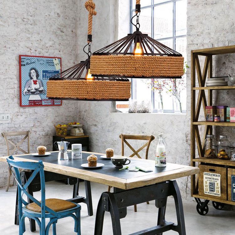 Vintage Black Mongolian Yurt Ceiling Light Hemp Rope1 Light Restaurant Hanging Pendant Lighting