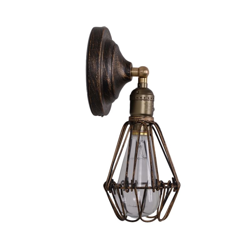 1 Light Mini Caged Wall Lamp Rustic Stylish Weathered Brass Iron Wall Sconce Lighting for Dining Room