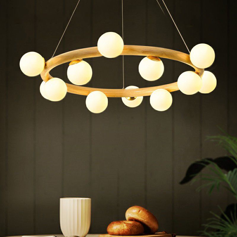 Circular Wooden Pendant Chandelier Minimalism Beige Hanging Light with Orb White Glass Shade
