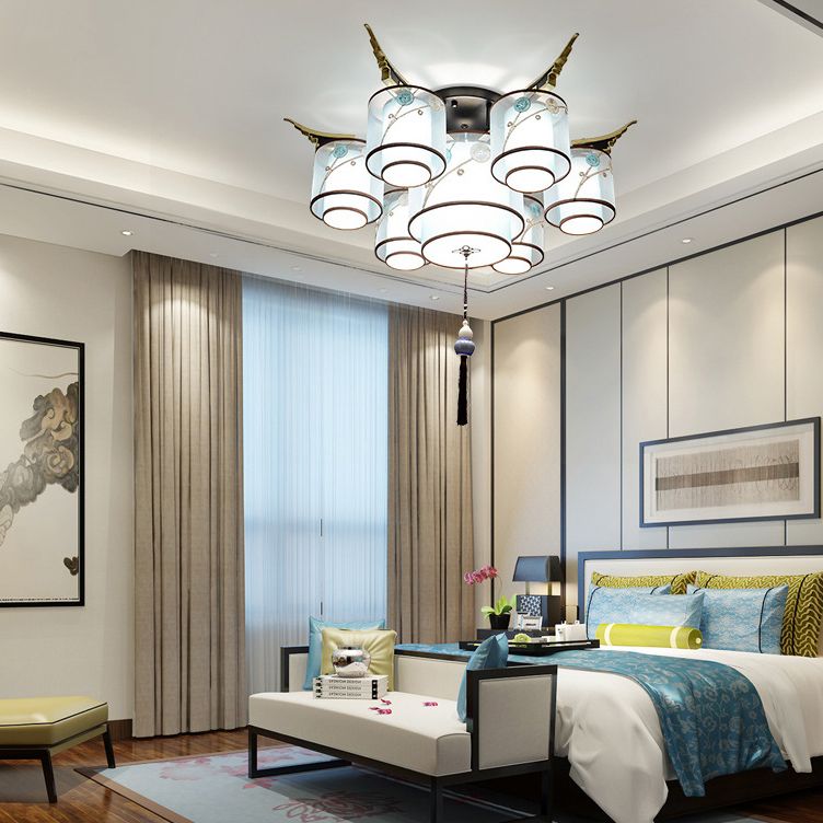 Tissu d'éclairage à semi-montage cylindrique vintage près du plafond de plafond en bleu ciel avec nœud à glace