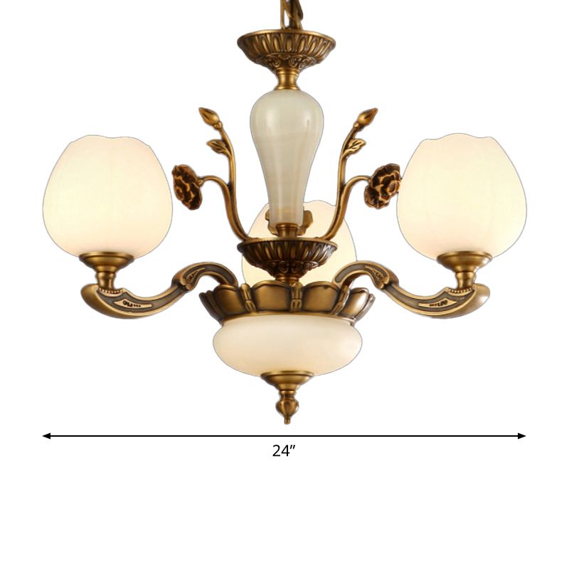 Traditionele knopvormige hangende lamp 3/6 lichten Frosted wit glas kroonluchter in messing