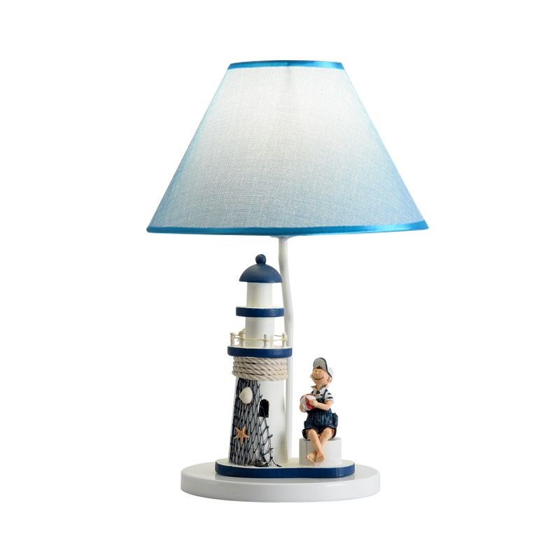 Barrel Shade Night Light Kids Stoff 1 Kopfblaue Tischlampe mit Cartoon Mädchen/Jungen und Leuchtturmdekoration