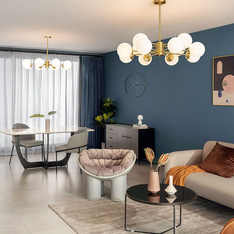 Lámpara de lámpara de araña de vidrio blanco de leche colgante de iluminación de latón contemporáneo para comedor