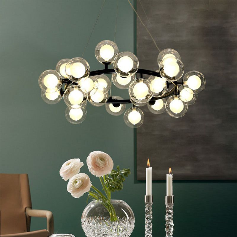 25 Bulbs Dining Room Hanging Lamp Kit Simple Chandelier Light Fixture with Round Glass Shade