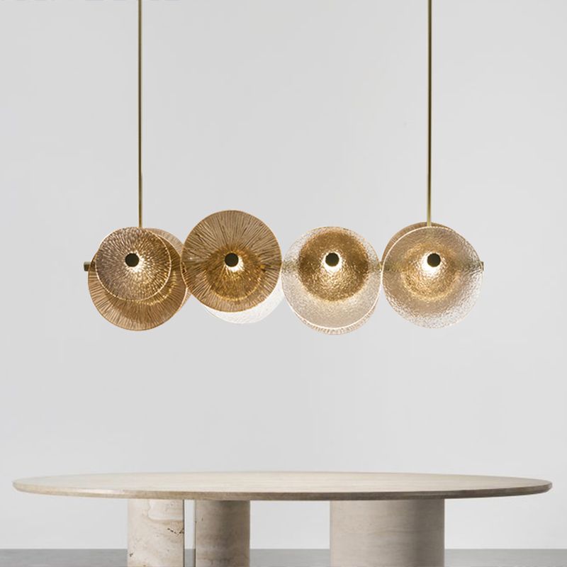 Disc Textured Glass Island Lighting Postmodern 4-Light Brass Suspension Light for Dinner
