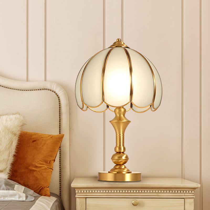 1 Light Night Table Lamp Traditional Bedroom Night Light with Scalloped Dome White Glass Shade in Brass