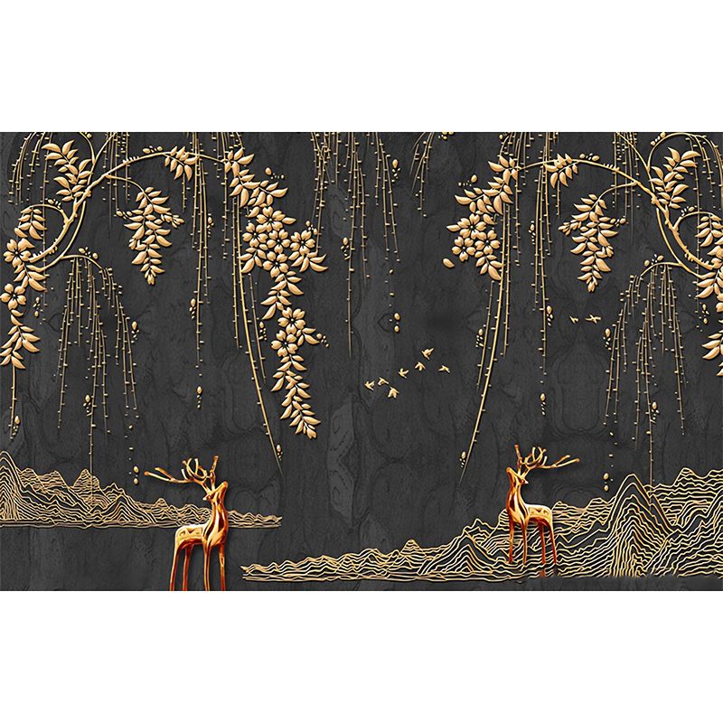 Full Size Illustration Nostalgic Mural for Commercial Use with Deer and Willow in Gold and Black