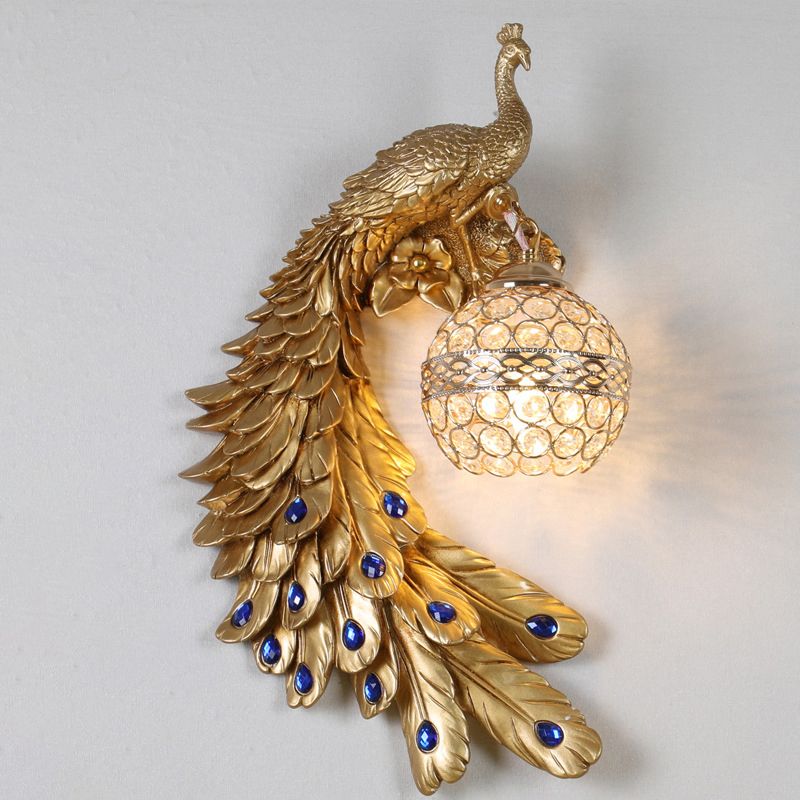 Peacock -vormige corridor wandlicht boerderij hars 1 lamp wand sconce met hemisfeer kristal schaduw