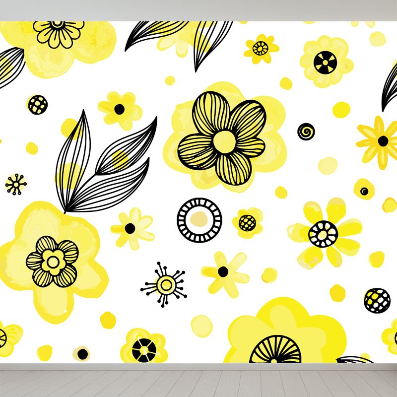 Flower and Leaf Print Mural Modern Waterproof Girls Bedroom Wall Art, Custom Size