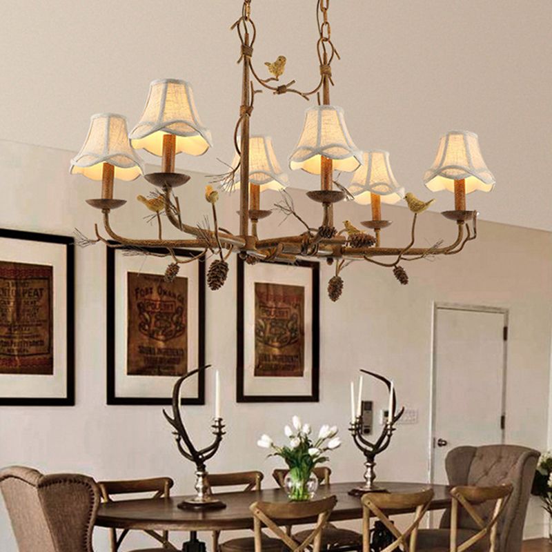 Metal Bell Shade Hanging Chandelier Country 6 Lights Living Room Pendant Light in Brown with Linear Canopy