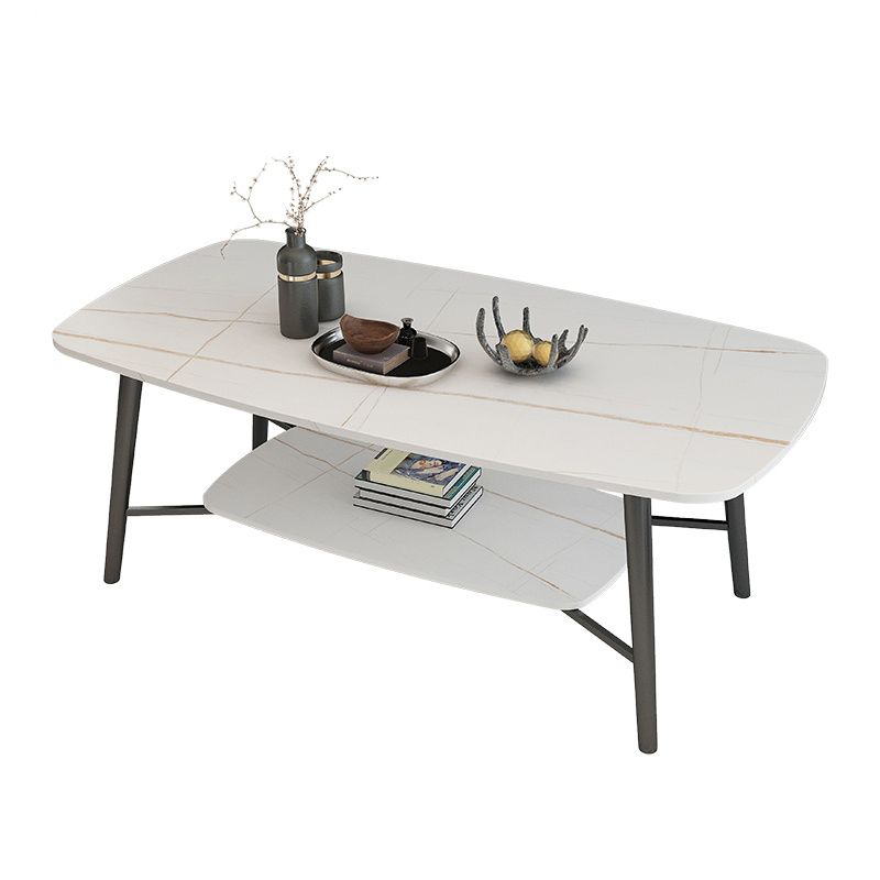 4 Legs 1 Single Coffee Table Rectangular Stone Cocktail Table with Shelf