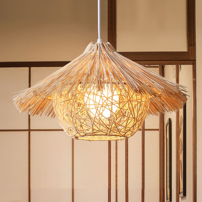 Rattan Nest-Shaped Pendant Light Fixture Asia Style Hanging Ceiling Light for Restaurant