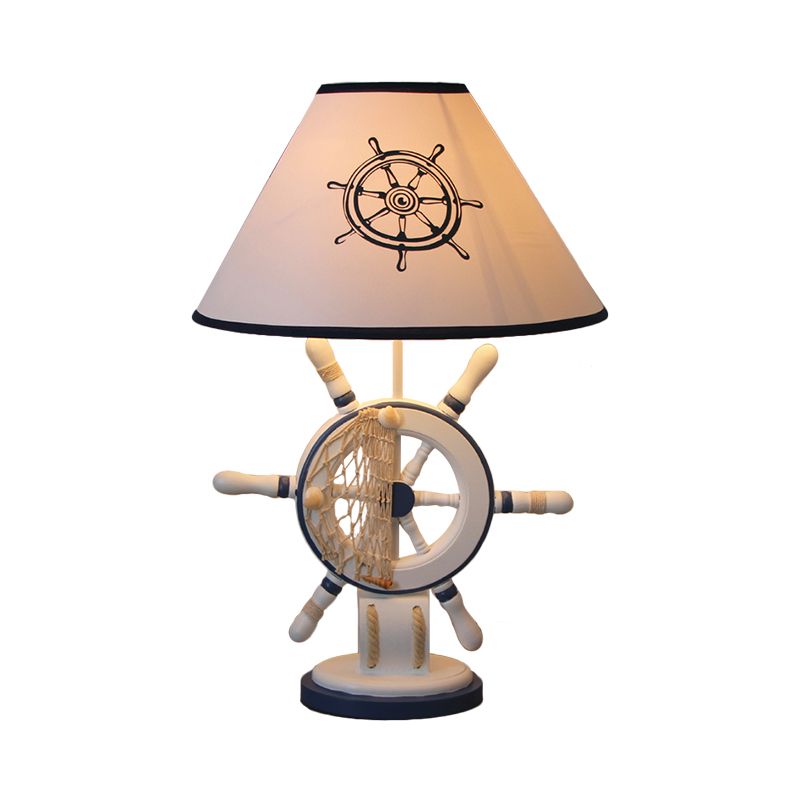 LifeBuoy / Rudder Wooden Table Light Kids Light Blue Blue Nightstand Lampe avec une teinte en tissu conique