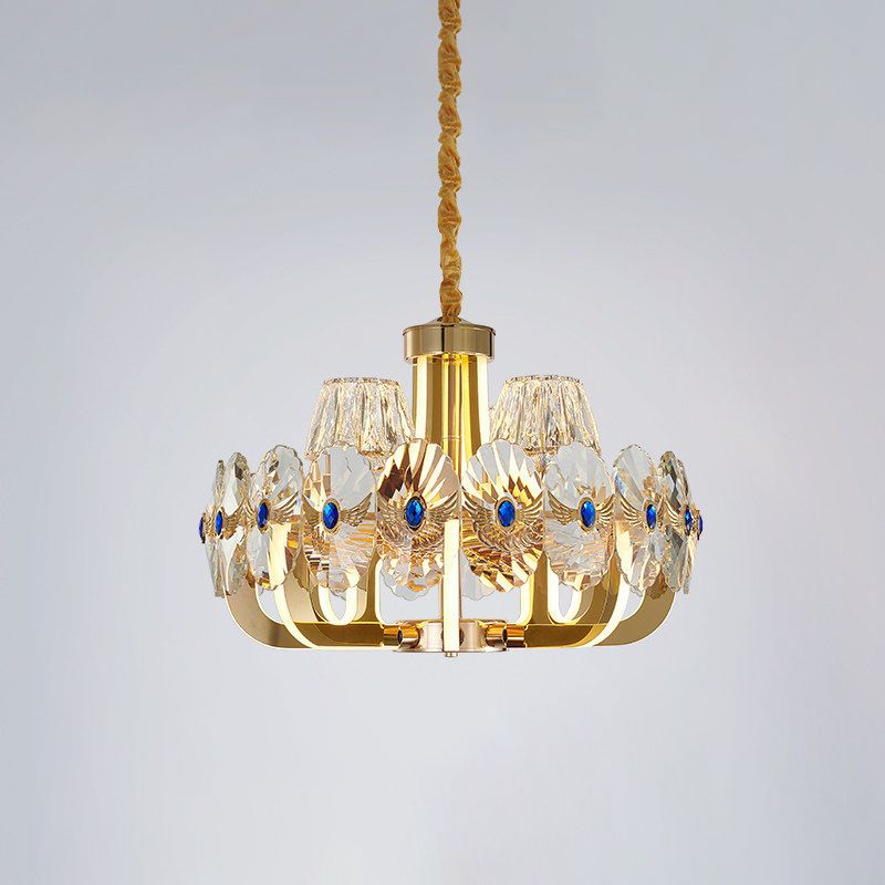 Round Panel Crystal Pendant Chandelier Modernist 8 Bulbs Living Room LED Ceiling Hang Fixture in Gold with Cone Shade