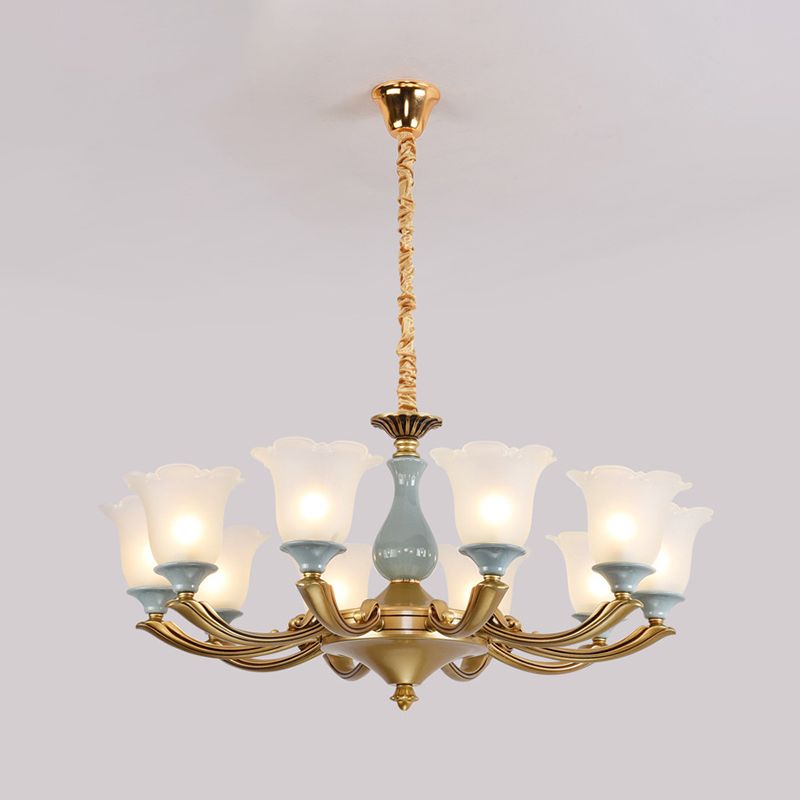 Frosted Glass Blue Chandelier Lighting Flared Classic Pendant Light with Ruffled Edge for Living Room