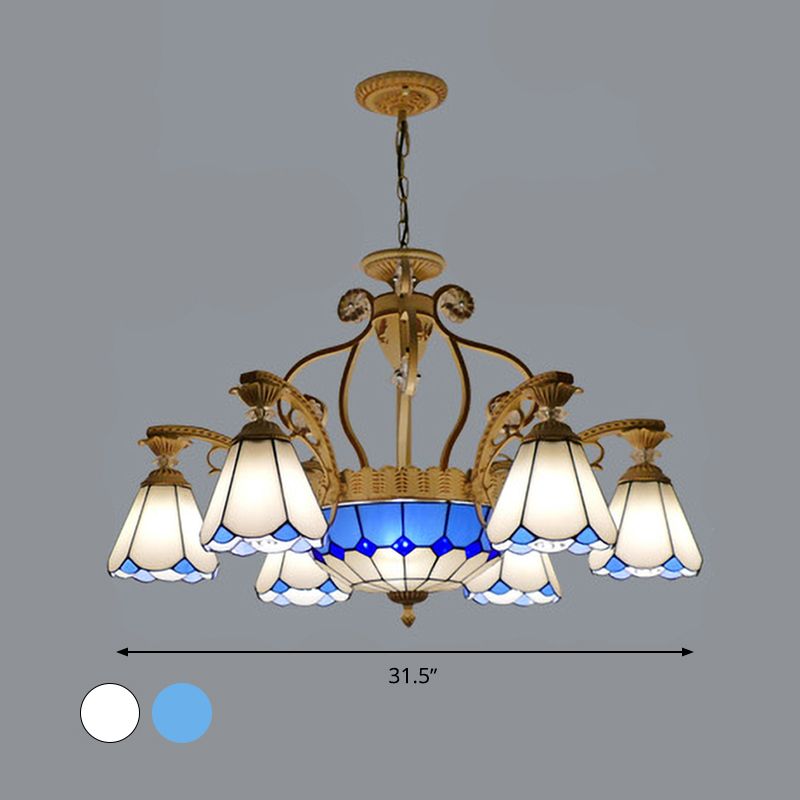 31.5"/37.5" Wide Cone Stained Glass Pendant Chandelier Baroque Style 8/11 Lights White/Blue Suspension Lighting