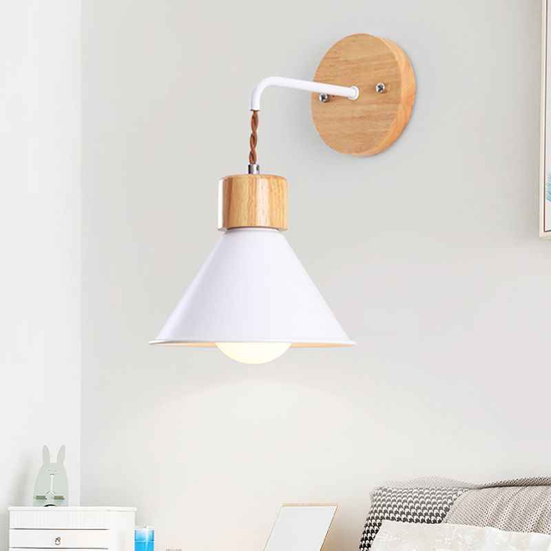 Cone Shade Metallic Wall Sconce Nordic Stylish 1 Light Blue/Pink/White Wall Mount Light with Wooden Cap