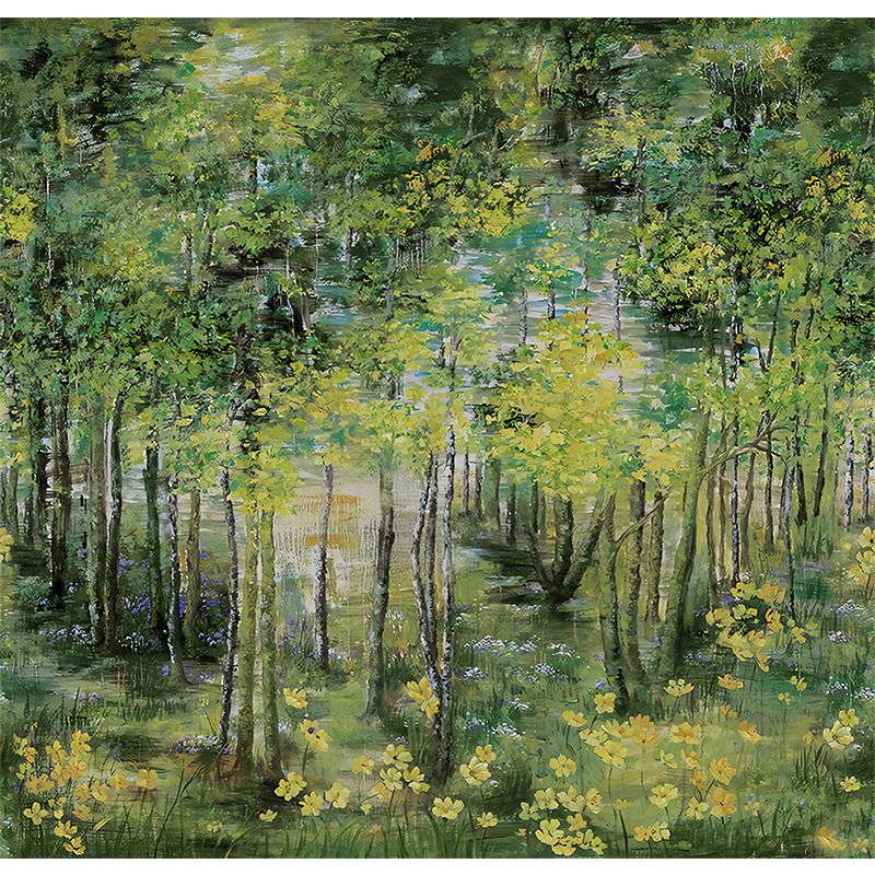 Large Illustration Deep Forest Mural for Guest Room Decor with Deep Forest Design in Dark Green