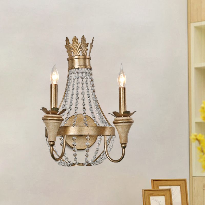 2 Bulbs Wall Sconce Lighting Farmhouse Crystal Strand Candelabra Wall Mounted Lamp in Gold