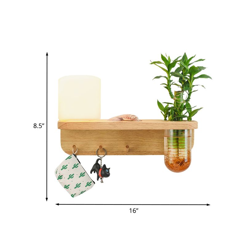 Frostedglas Holz Wandleuchte zylindrisch 1-Fulb Industriewandlampe mit Pflanzenbehälter