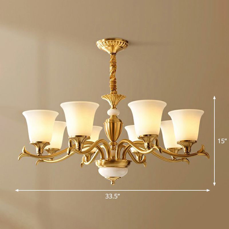 Cream Glass Brass Chandelier Flared Shaped Traditional Style Suspension Light for Dining Room