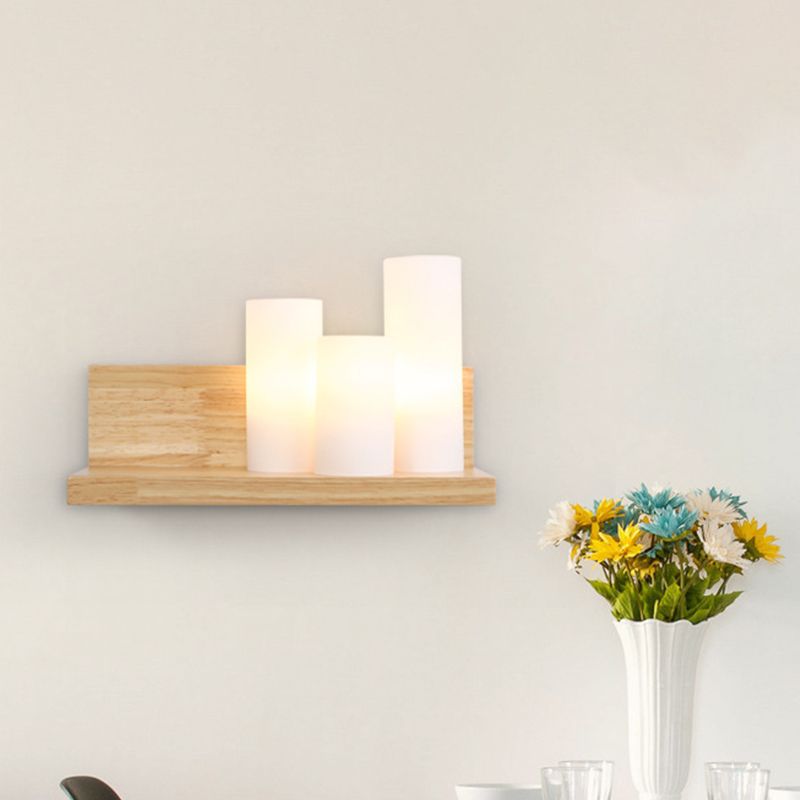 Asian 3 Heads Sconce Wood Tube Wall Lighting Fixture with Opal Glass Shade for Dining Room