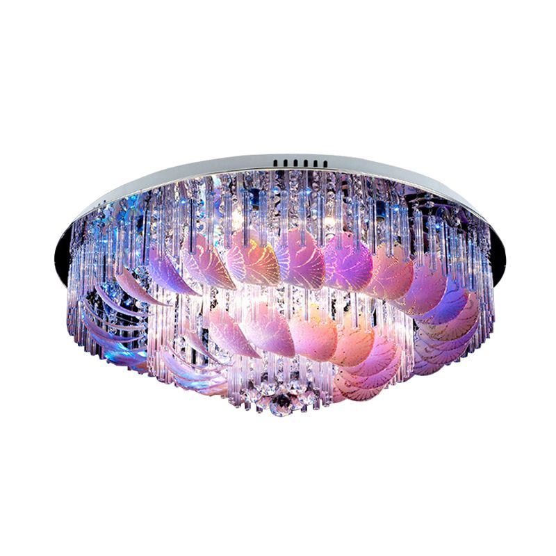 Clear Crystal Circle Flush Light Fixture Modern 19.5"/23.5"/31.5" W LED Flushmount Lighting with Leaf Glass Decoration