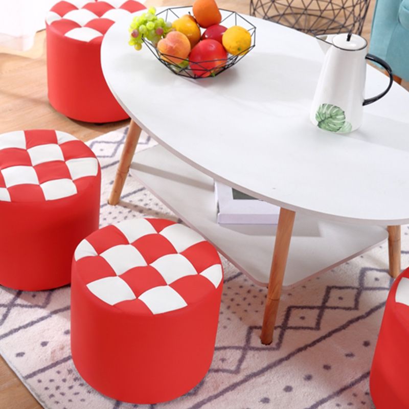 Contemporary Pouf Ottoman Faux Leather Tufted Square Pattern Cylinder Shape Ottoman