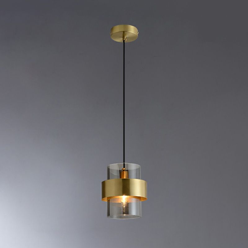 Cylinder Bedroom Down Lighting Smoke Grey Glass Single Postmodern Pendant Light in Brass