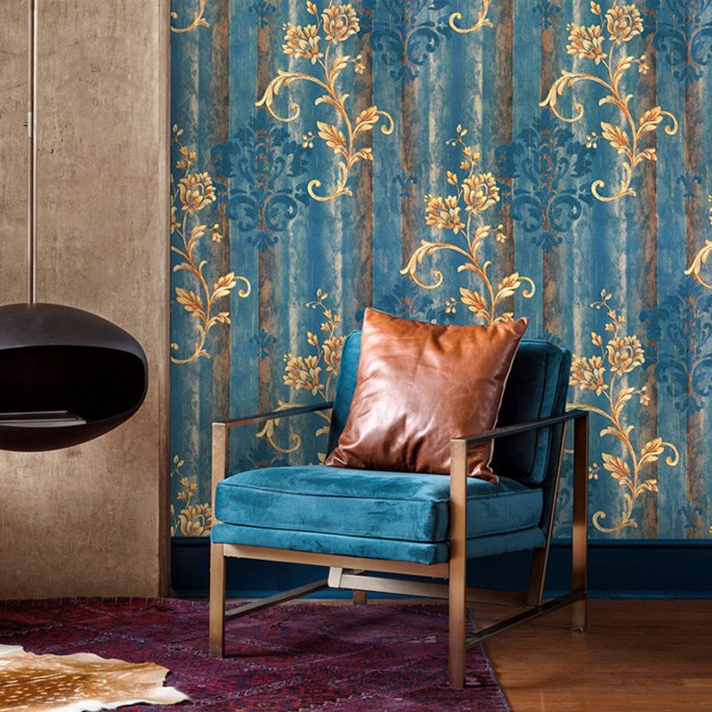 Satin Moisture Resistant Wallpaper European Flower Printed Wall Art in Antiqued Blue