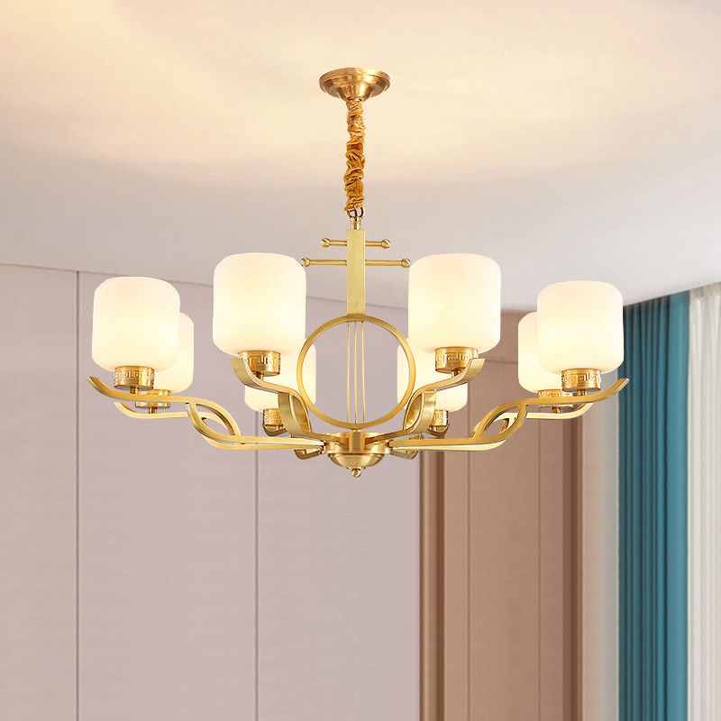 Chandelier Light Traditional Living Room Pendant Light with Cylinder Milk Glass Shade in Brass