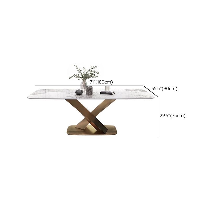 Modern White Rectangular Stone Dining Table with Metal Pedestal Base