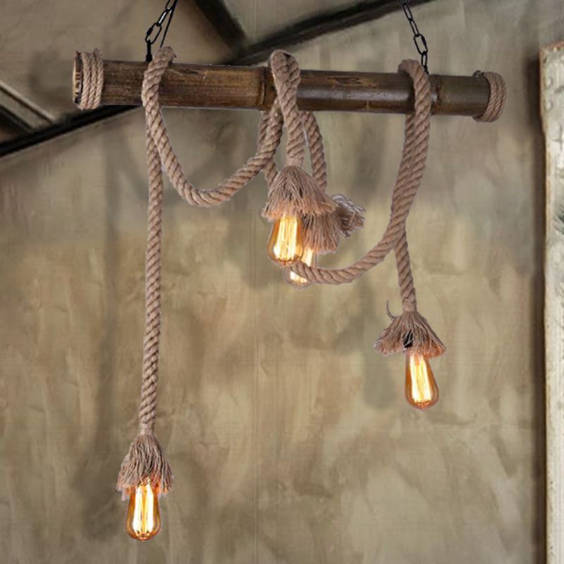 Rope Exposed Bulb Island Pendant Light Industrial 4/8 Light Dining Room Hanging Lamp in Beige