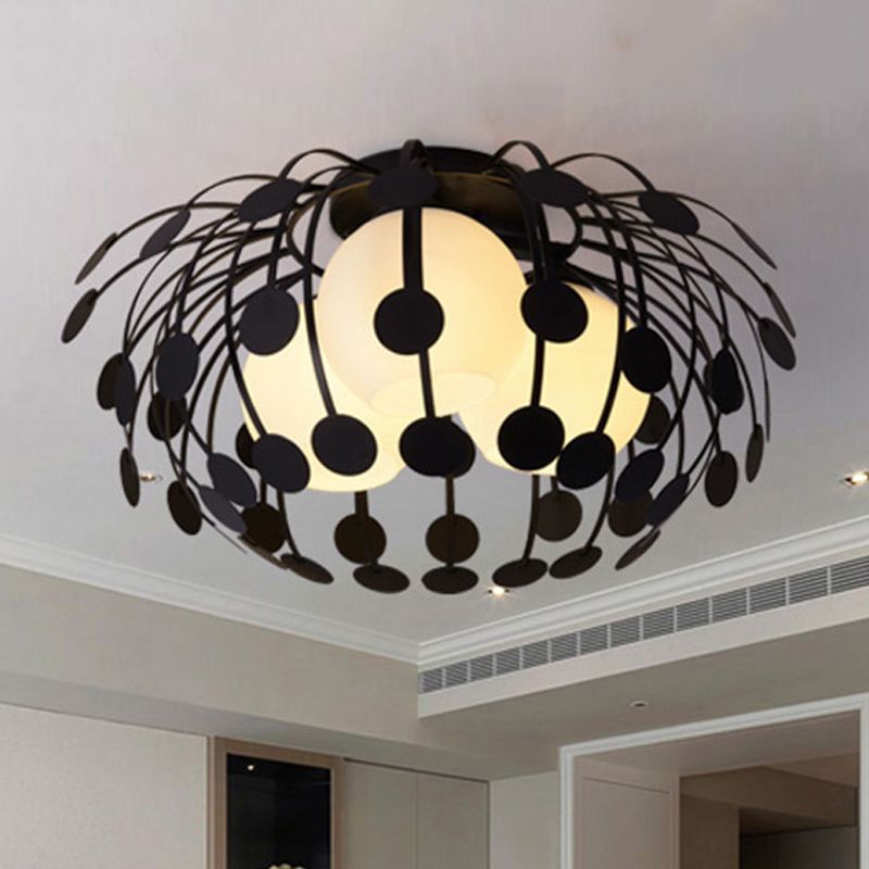 Iluminación de semi rascijada de metal ovalada Modernista 3 luces blanca/negra Lámpara de montaje semi descarte con leche de vidrio de vidrio