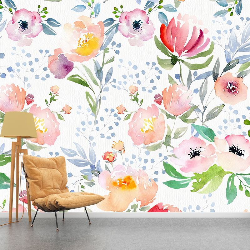 Illustration aquarelles de fleurs murales pour décoration de salon en rose tendre, réalisées sur mesure