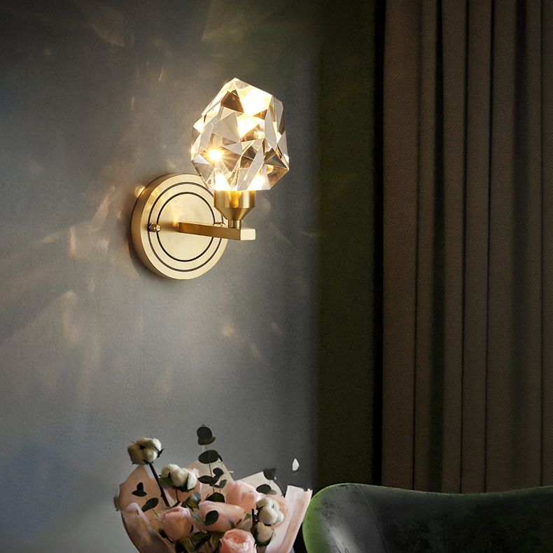 Modern Romantic Geometric Wall Sconce Copper Indoor LED Wall Light with Crystal Shade