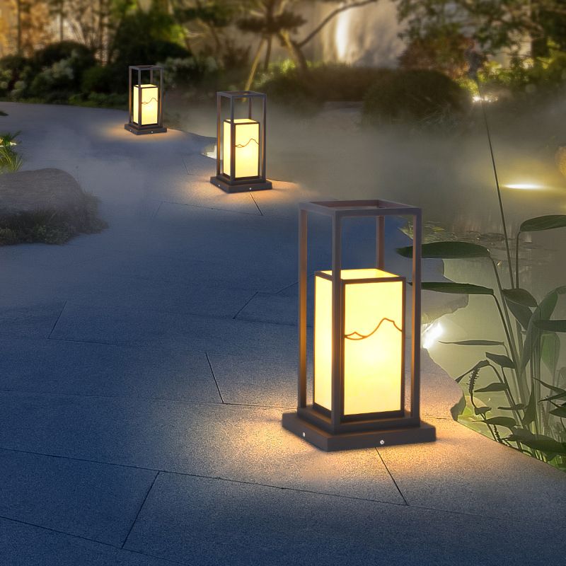 Modern Metal Pillar Lamp Rectangle Shape Outdoor Waterproof Light in Black