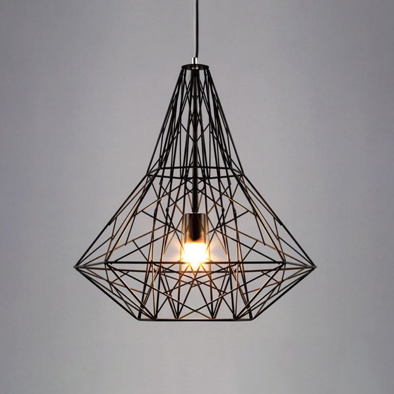Industrial Cage Diamond Pendant Lighting 1 Head Metallic Hanging Lamp in Black/White for Dining Room, 16"/19.5" Dia