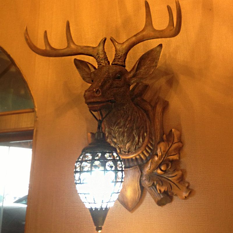 Brown Single Light Wall Sconce Classic Resin Deer Head Wall Lighting Fixture with Teardrop Clear Faceted Crystal Shade