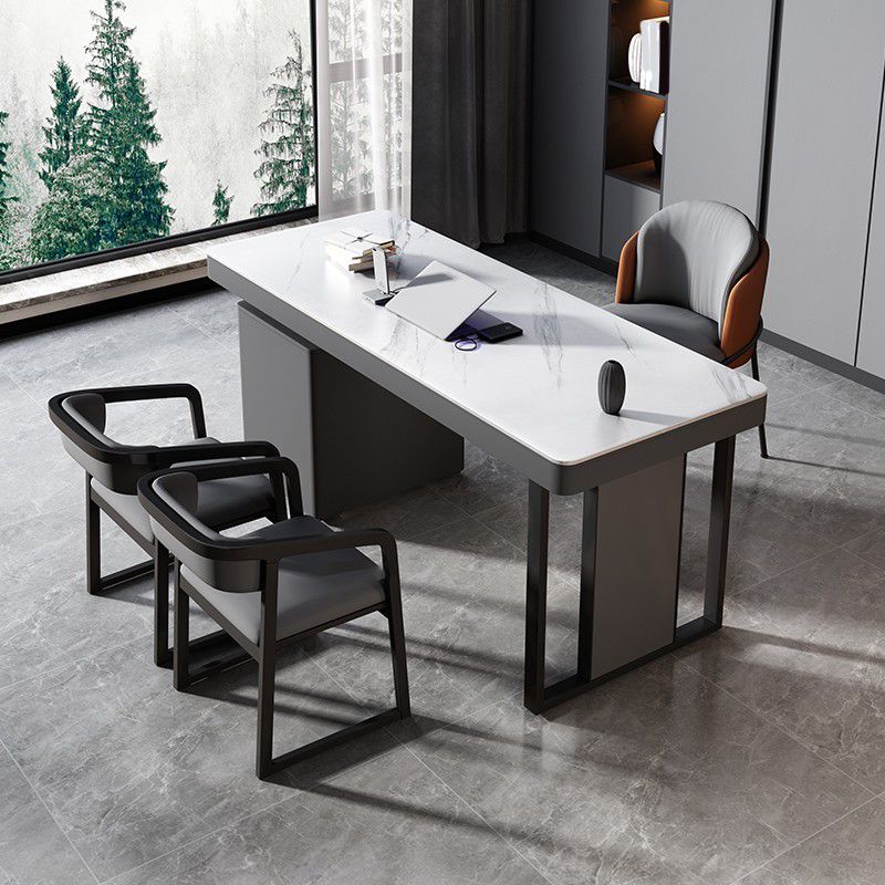 Grey and White Office Desk with File Cabinet Writing Desk Cable Management