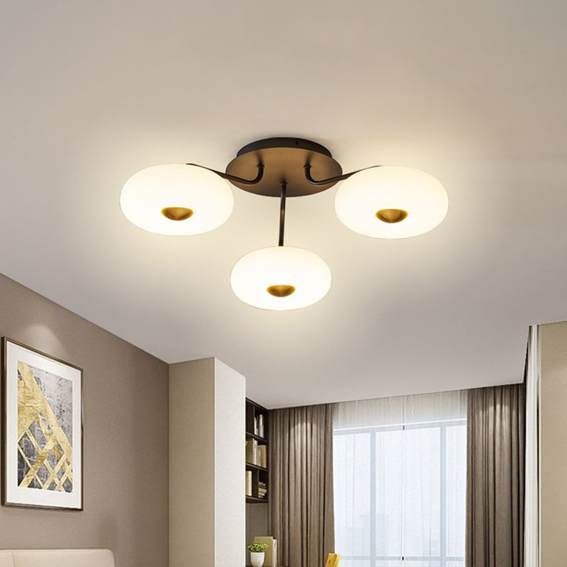 Black Branched Semi Flush Chandelier Modern 3 Bulbs Metal Ceiling Light with Round Acrylic Shade, White/3 Color Light