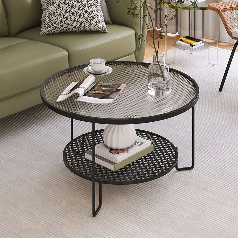 Contemporary Cocktail Table with Glass Top and Iron Base and Shelf