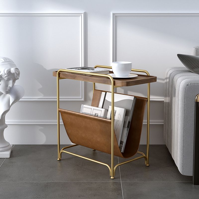 Rectangle Wood Top Side Table Iron Frame End Table with Magazine Holder